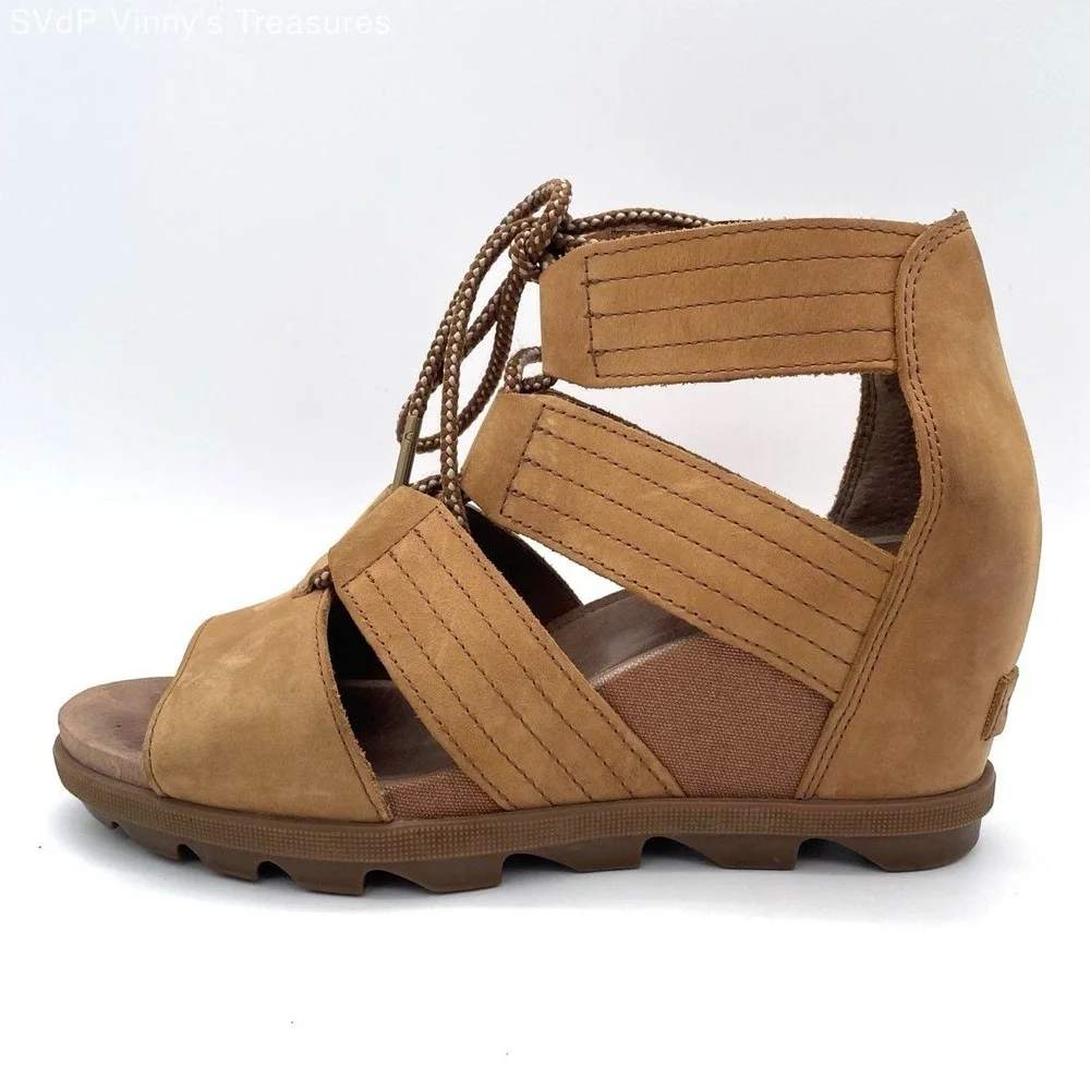 Sorel Joanie Lace Wedge Sandals Womens Size 10 Camel Tan Leather Gladiator